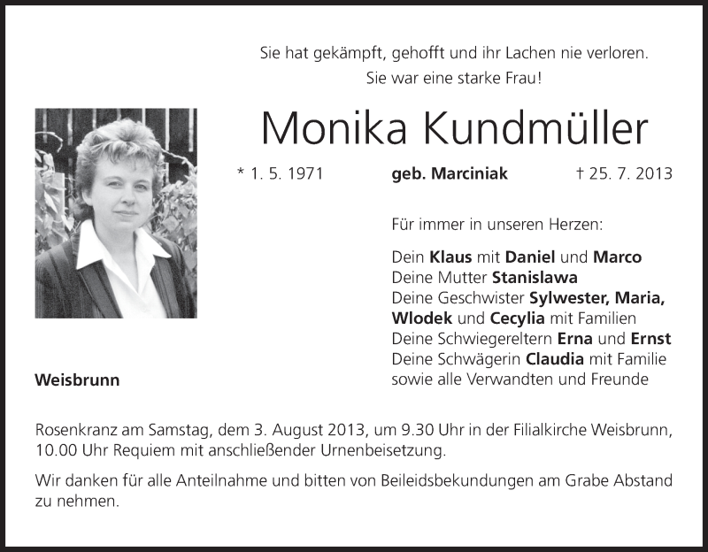  Traueranzeige für Monika Kundmüller vom 01.08.2013 aus MGO