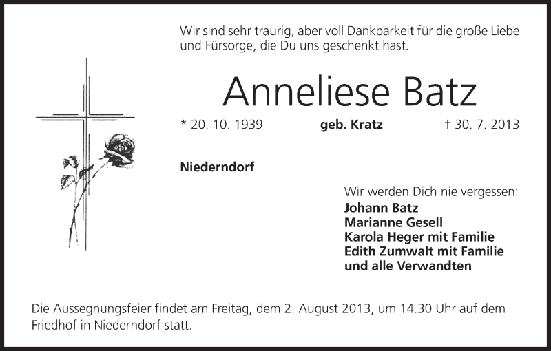  Traueranzeige für Anneliese Batz vom 01.08.2013 aus MGO