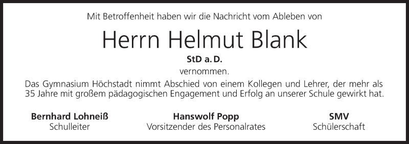  Traueranzeige für Helmut Blank vom 02.08.2013 aus MGO
