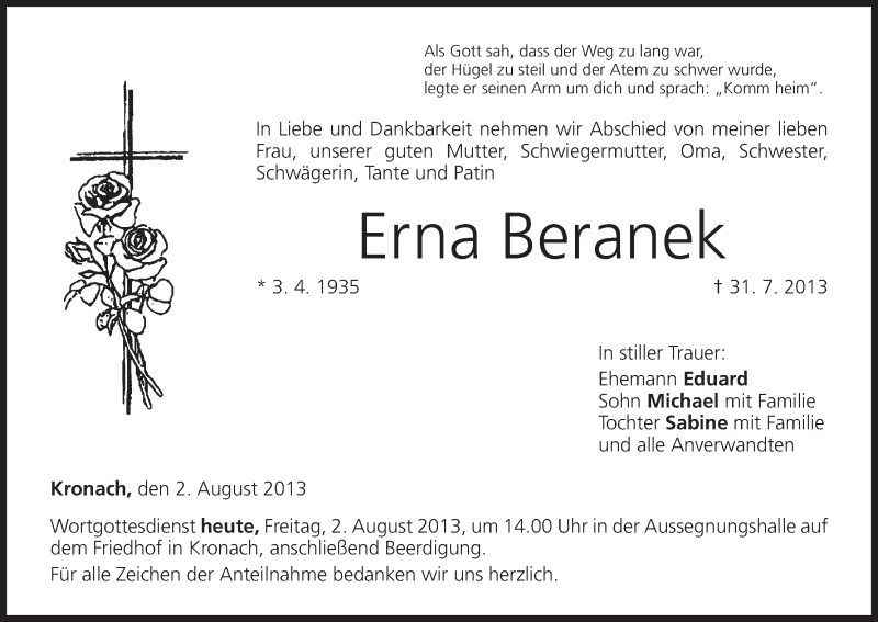  Traueranzeige für Erna Beranek vom 02.08.2013 aus MGO