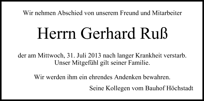  Traueranzeige für Gerhard Ruß vom 03.08.2013 aus MGO