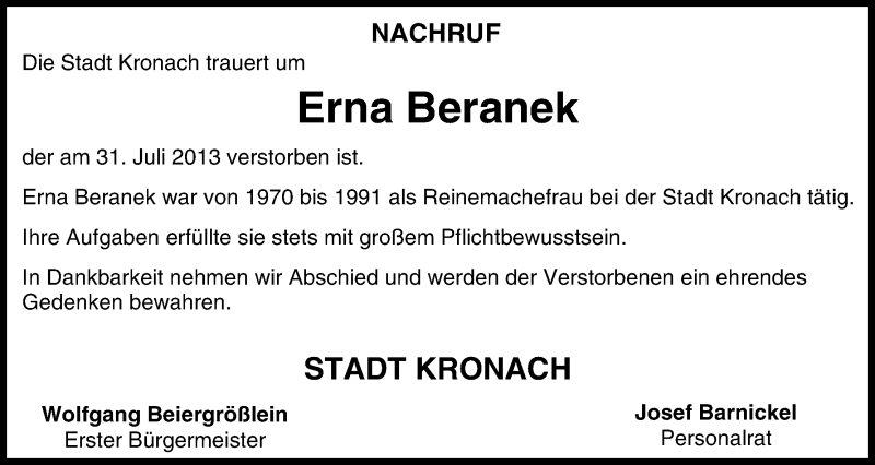  Traueranzeige für Erna Beranek vom 02.08.2013 aus MGO