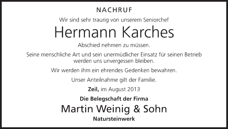  Traueranzeige für Hermann Karches vom 03.08.2013 aus MGO