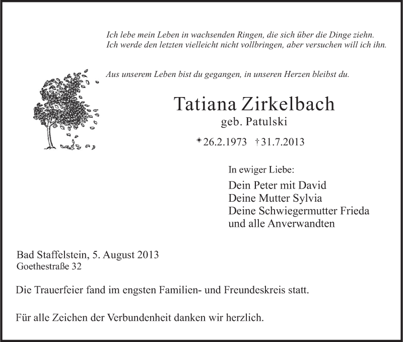  Traueranzeige für Tatiana Zirkelbach vom 05.08.2013 aus MGO