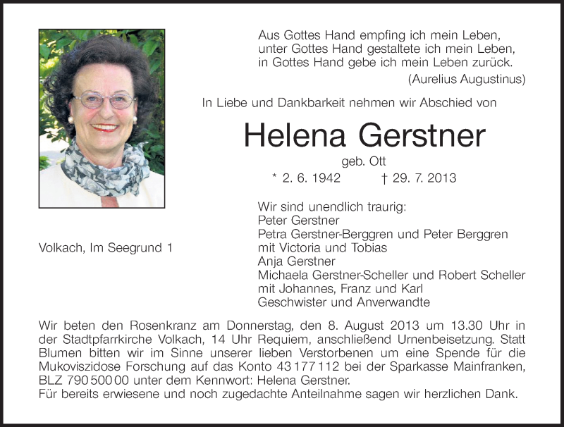  Traueranzeige für Helena Gerstner vom 03.08.2013 aus MGO