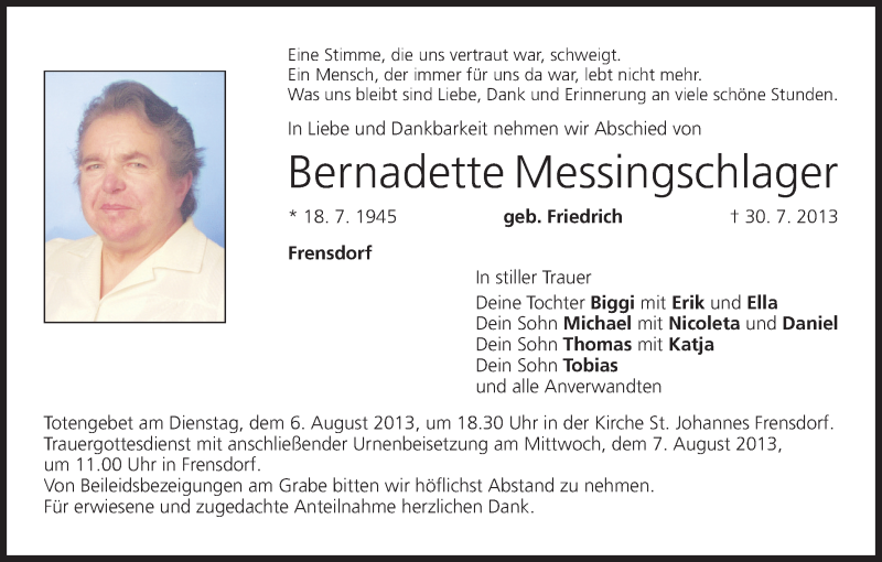  Traueranzeige für Bernadette Messingschlager vom 03.08.2013 aus MGO