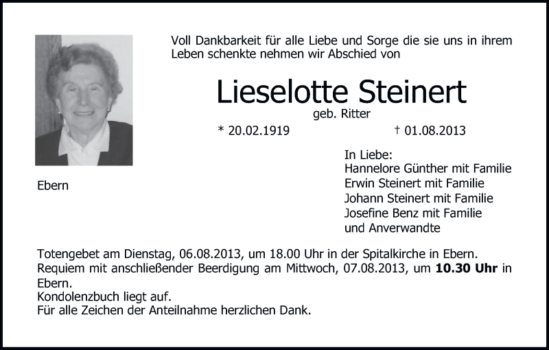 Traueranzeige für Lieselotte Steinert vom 05.08.2013 aus MGO