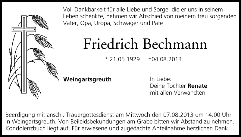  Traueranzeige für Friedrich Bechmann vom 06.08.2013 aus MGO