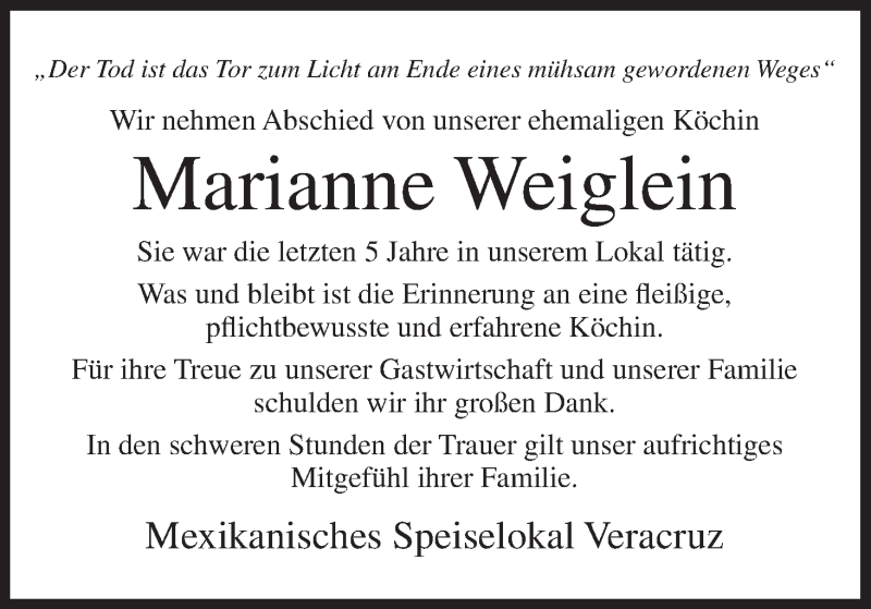  Traueranzeige für Marianne Weiglein vom 06.08.2013 aus MGO