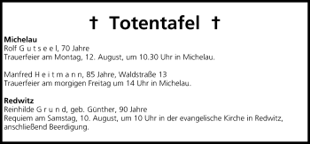 Anzeige von Totentafel vom 08.08.2013 von MGO