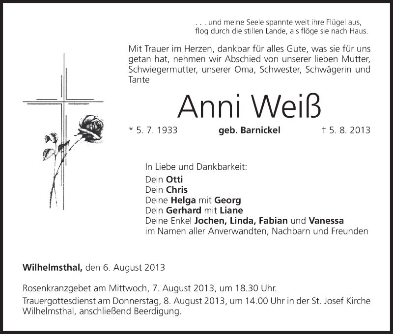  Traueranzeige für Anni Weiß vom 06.08.2013 aus MGO