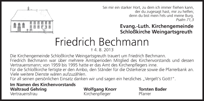 Traueranzeige für Friedrich Bechmann vom 07.08.2013 aus MGO