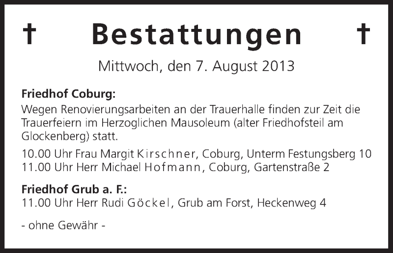 Bestattungen Vom 07.08.2013 | Traueranzeige | Trauer.inFranken.de