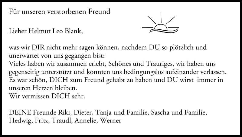  Traueranzeige für Leo Blank vom 10.08.2013 aus MGO