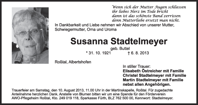  Traueranzeige für Susanne Stadtelmeyer vom 09.08.2013 aus MGO