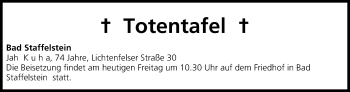 Anzeige von Totentafel vom 09.08.2013 von MGO