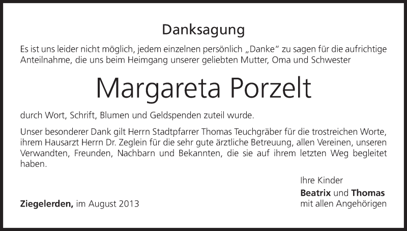  Traueranzeige für Margareta Porzelt vom 10.08.2013 aus MGO