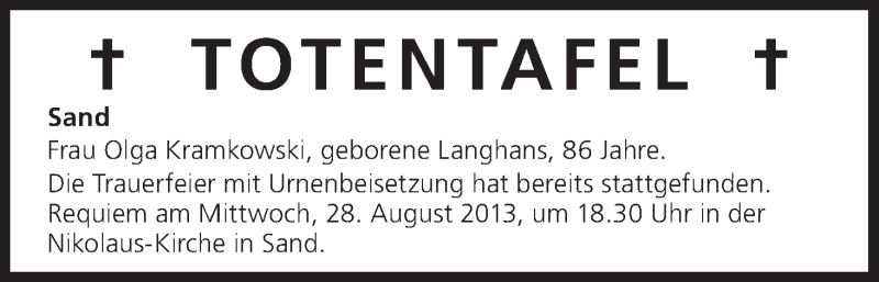  Traueranzeige für Totentafel vom 08.10.2013 vom 10.08.2013 aus MGO