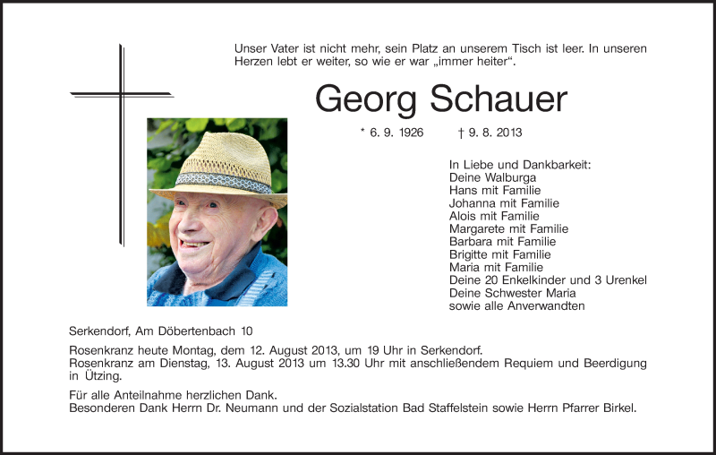  Traueranzeige für Georg Schauer vom 12.08.2013 aus MGO
