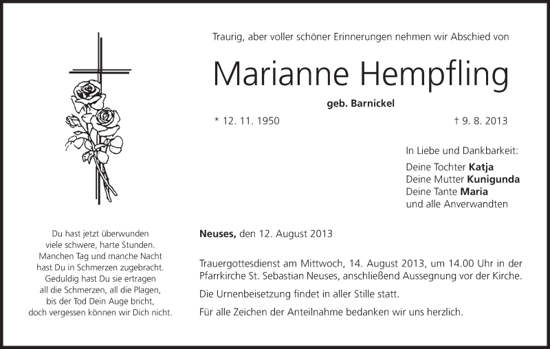  Traueranzeige für Marianne Hempfling vom 12.08.2013 aus MGO