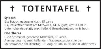 Anzeige von Totentafel vom 13.08.2013 von MGO