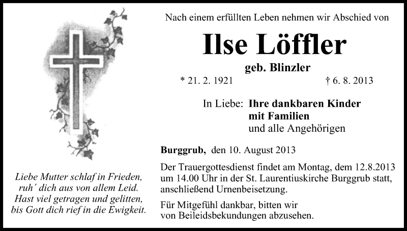  Traueranzeige für Ilse Löffler vom 10.08.2013 aus MGO