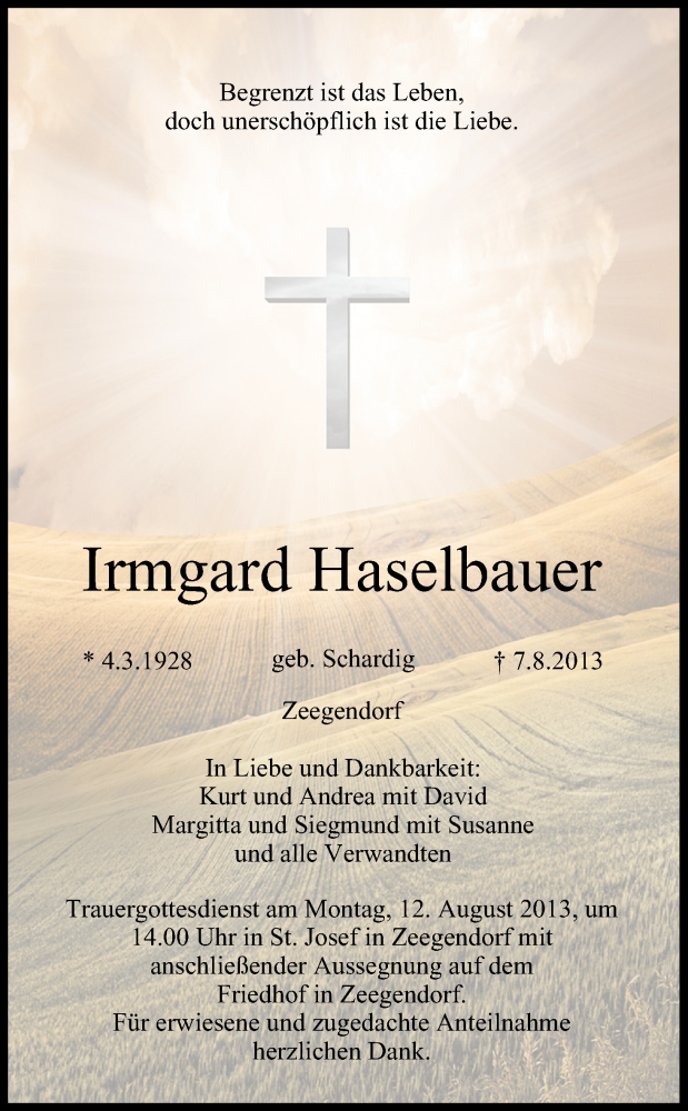  Traueranzeige für Irmgard Haselbauer vom 10.08.2013 aus MGO