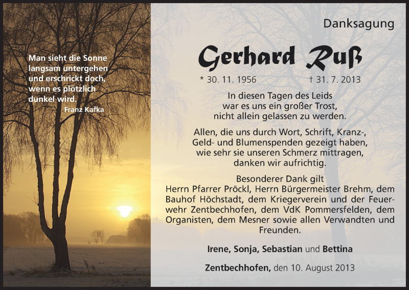  Traueranzeige für Gerhard Ruß vom 10.08.2013 aus MGO