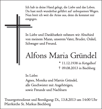 Anzeige von Alfons Maria Gründel von MGO