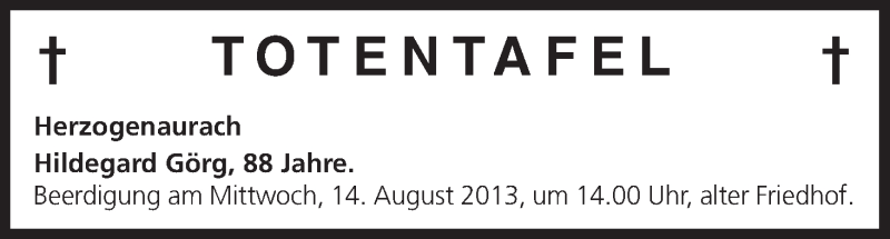  Traueranzeige für Totentafel vom 14.08.2013 vom 14.08.2013 aus MGO