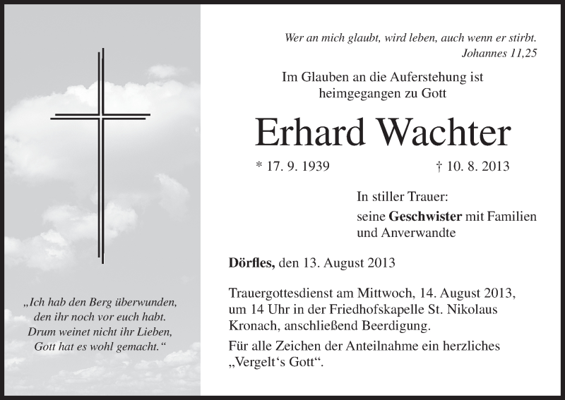  Traueranzeige für Erhard Wachter vom 13.08.2013 aus MGO