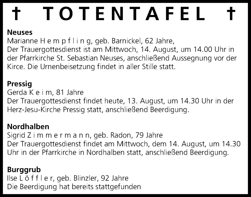  Traueranzeige für Totentafel vom 13.08.2013 vom 13.08.2013 aus MGO