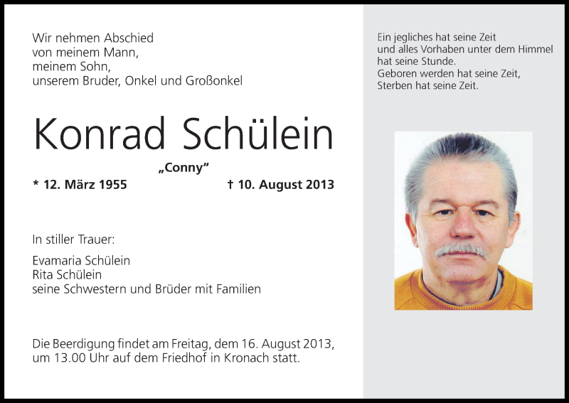  Traueranzeige für Konrad Schülein vom 14.08.2013 aus MGO