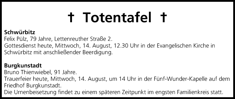  Traueranzeige für Totentafel vom 14.08.2013 vom 14.08.2013 aus MGO