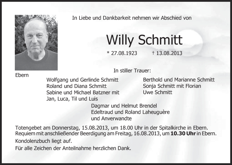  Traueranzeige für Willy Schmitt vom 14.08.2013 aus MGO