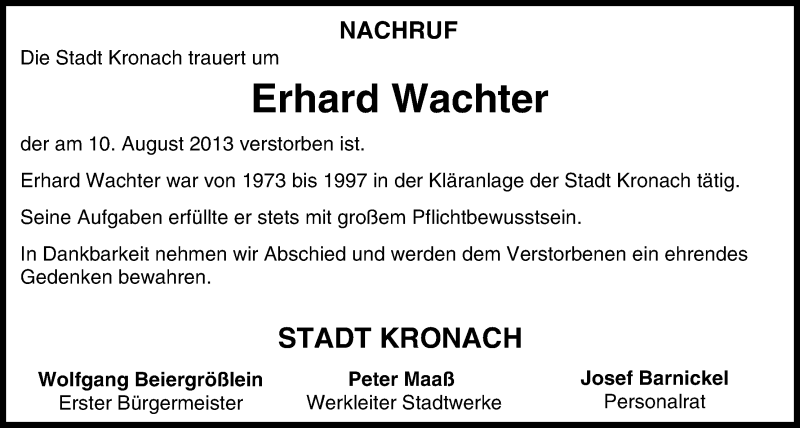  Traueranzeige für Erhard Wachter vom 14.08.2013 aus MGO