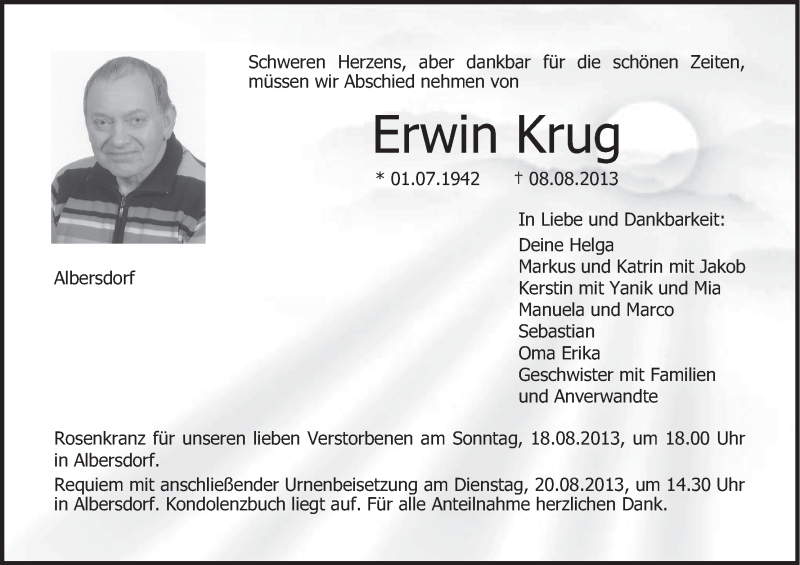  Traueranzeige für Erwin Krug vom 17.08.2013 aus MGO