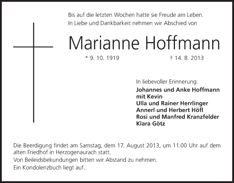  Traueranzeige für Marianne Hoffmann vom 16.08.2013 aus MGO