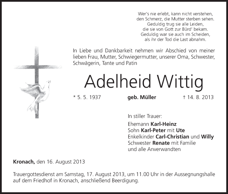  Traueranzeige für Adelheid Wittig vom 16.08.2013 aus MGO