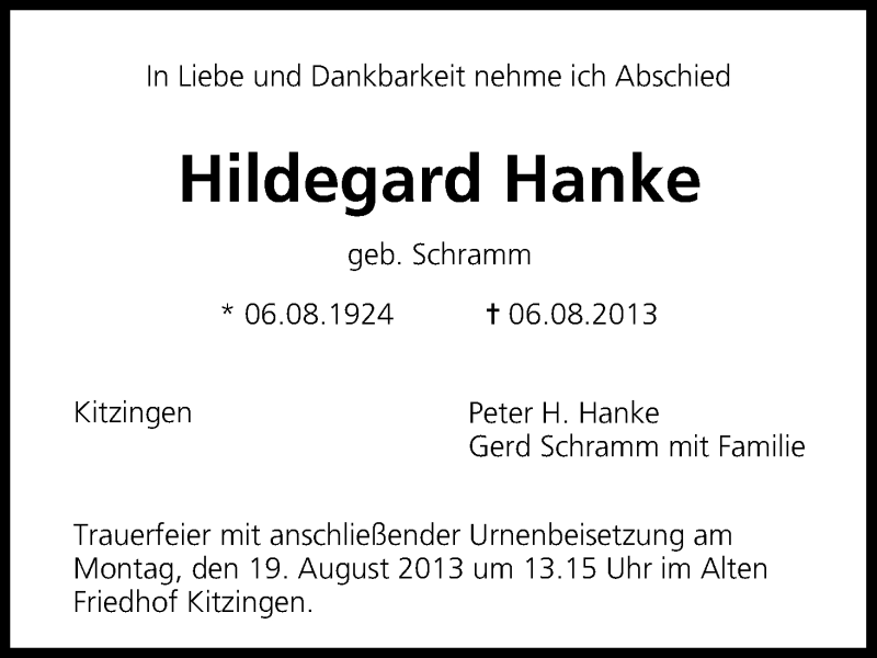  Traueranzeige für Hildegard Hanke vom 17.08.2013 aus MGO