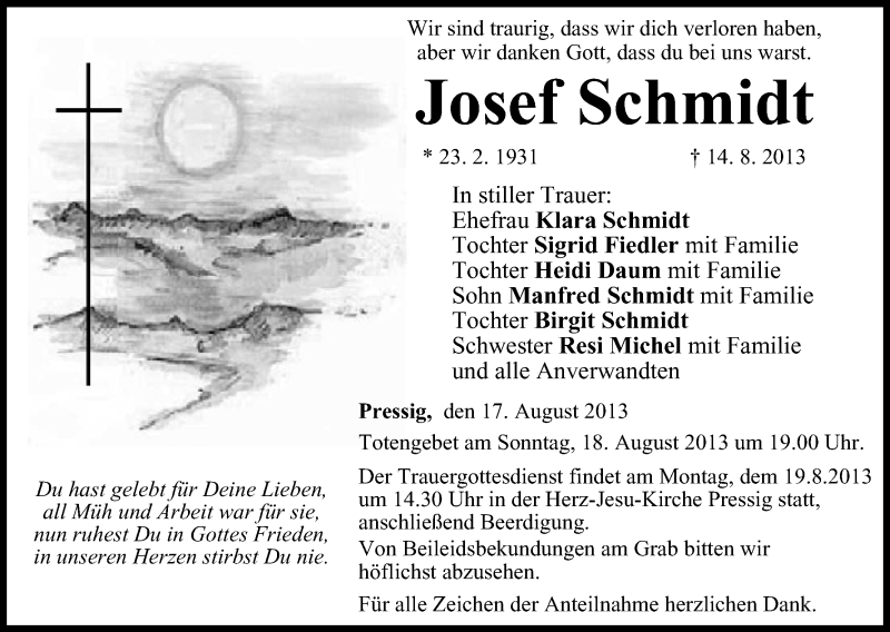  Traueranzeige für Josef Schmidt vom 17.08.2013 aus MGO
