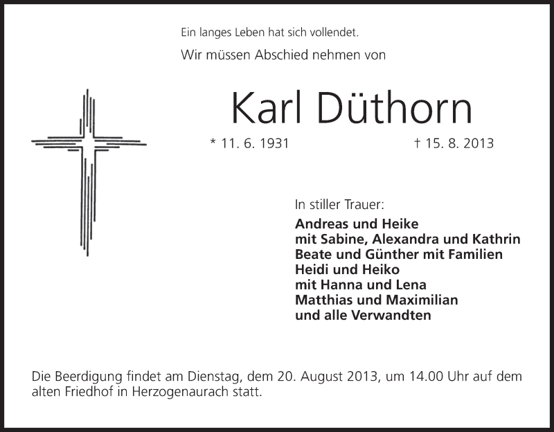  Traueranzeige für Karl Düthorn vom 19.08.2013 aus MGO
