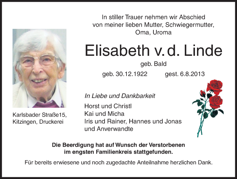  Traueranzeige für Elisabeth von der Linde vom 17.08.2013 aus MGO