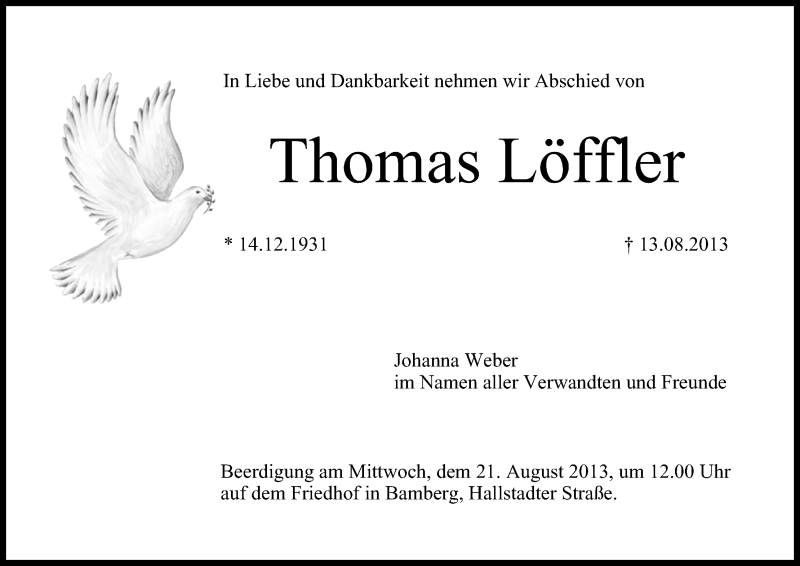  Traueranzeige für Thomas Löffler vom 17.08.2013 aus MGO