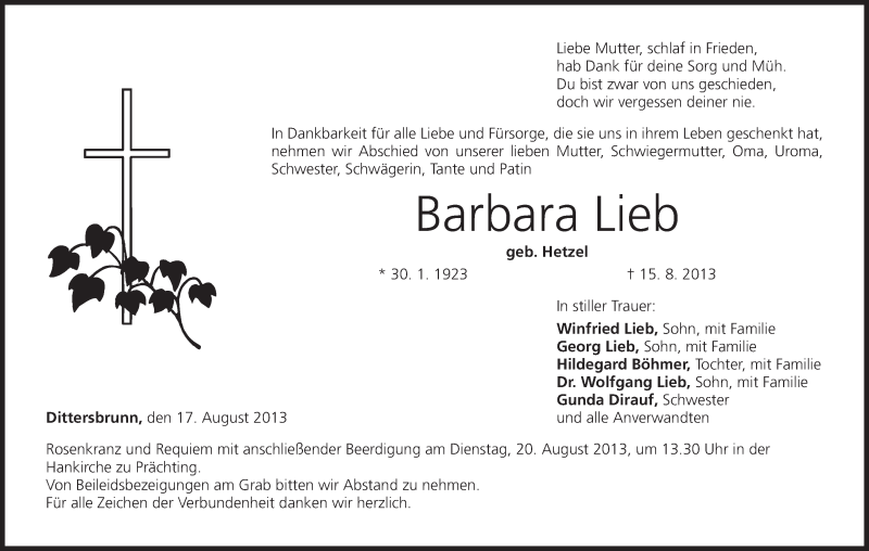  Traueranzeige für Barbara Lieb vom 17.08.2013 aus MGO