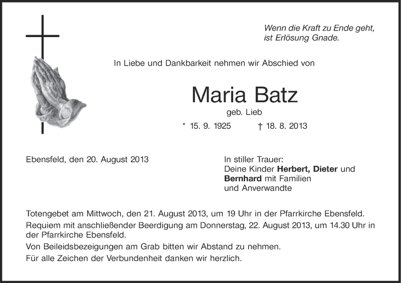  Traueranzeige für Maria Batz vom 20.08.2013 aus MGO
