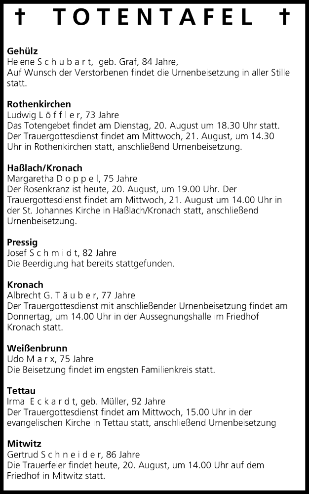  Traueranzeige für Totentafel vom 20.08.2013 vom 20.08.2013 aus MGO