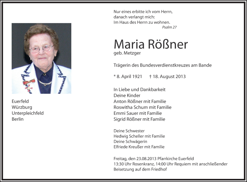  Traueranzeige für Maria Rößner vom 21.08.2013 aus MGO