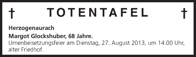  Traueranzeige für Totentafel vom 24.08.2013 vom 24.08.2013 aus MGO