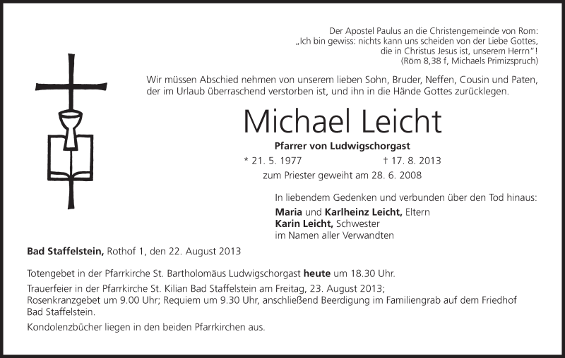  Traueranzeige für Michael Leicht vom 22.08.2013 aus MGO